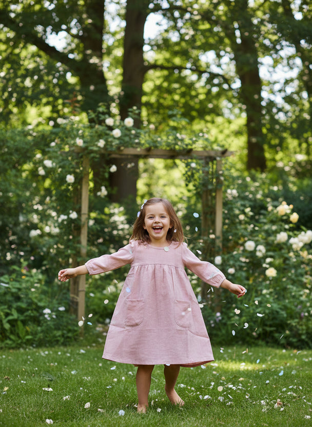 Vestido manga larga lino rosado - Lina Sustentable, ropa Niño Chile, ropa de niño en oferta