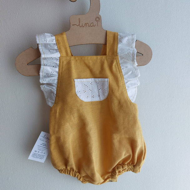 Ranita con volante bicolor lino aldogón broderie bolillo - Lina Sustentable, ropa Niño Chile, ropa de niño en oferta