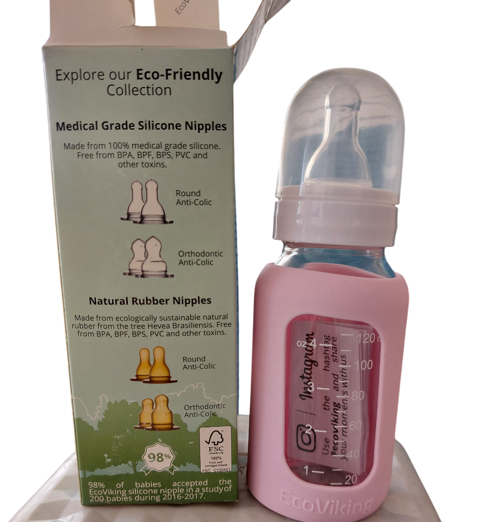 Mamadera Vidrio 120 ml boca estándar con funda de Silicona removible - Lina Sustentable, ropa Niño Chile, ropa de niño en oferta