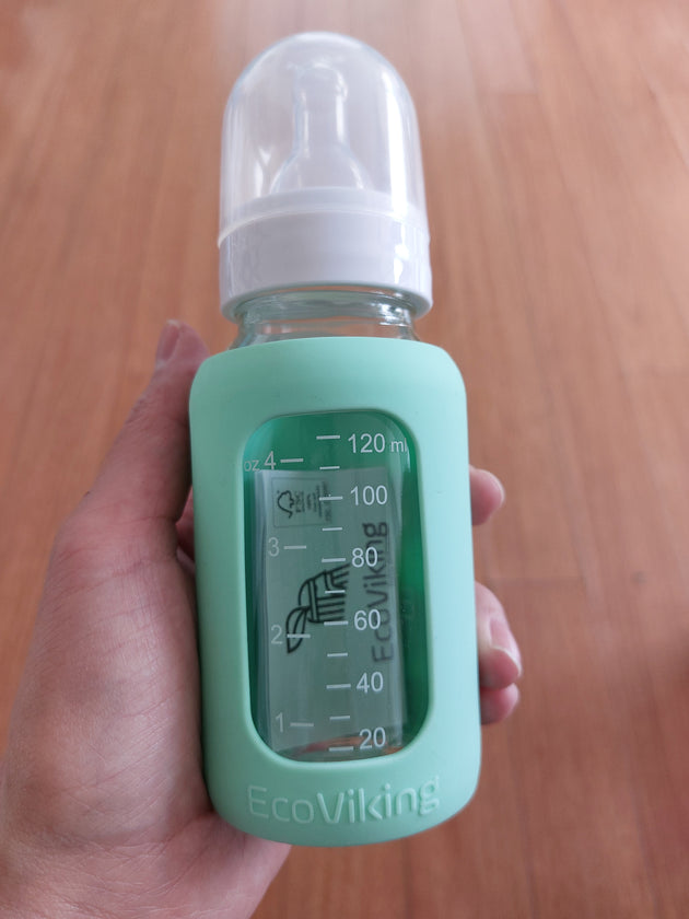 Mamadera Vidrio 120 ml boca estándar con funda de Silicona removible - Lina Sustentable, ropa Niño Chile, ropa de niño en oferta