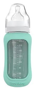 Mamadera Vidrio 240 ml boca ancha con funda de Silicona removible - Lina Sustentable, ropa Niño Chile, ropa de niño en oferta