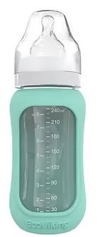 Mamadera Vidrio 240 ml boca ancha con funda de Silicona removible - Lina Sustentable, ropa Niño Chile, ropa de niño en oferta