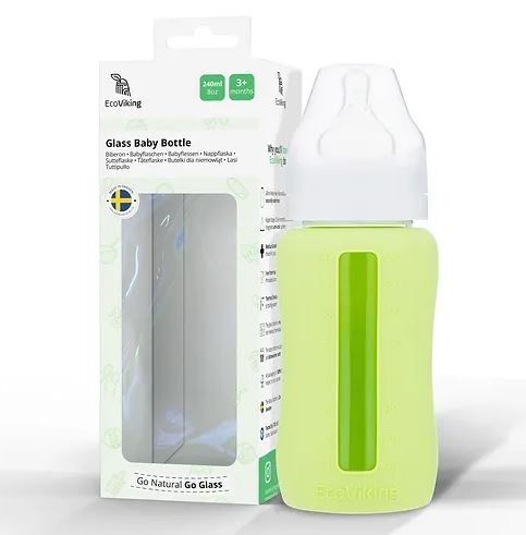 Mamadera Vidrio 240 ml boca ancha con funda de Silicona removible - Lina Sustentable, ropa Niño Chile, ropa de niño en oferta