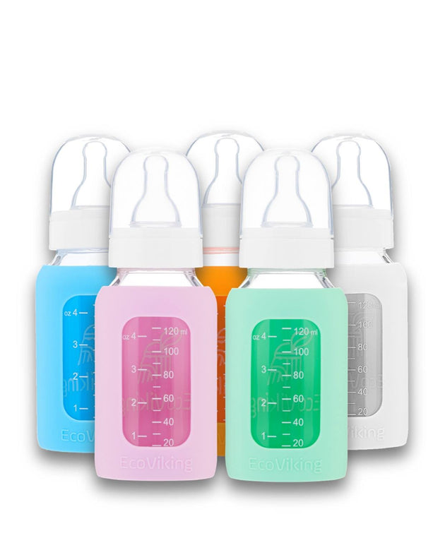 Mamadera Vidrio 120 ml boca estándar con funda de Silicona removible - Lina Sustentable, ropa Niño Chile, ropa de niño en oferta