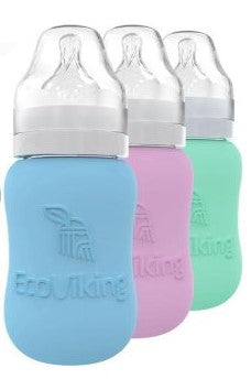 Mamadera Vidrio 180 ml boca ancha con funda de Silicona removible - Lina Sustentable, ropa Niño Chile, ropa de niño en oferta