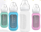 Mamadera Vidrio 240 ml boca ancha con funda de Silicona removible - Lina Sustentable, ropa Niño Chile, ropa de niño en oferta
