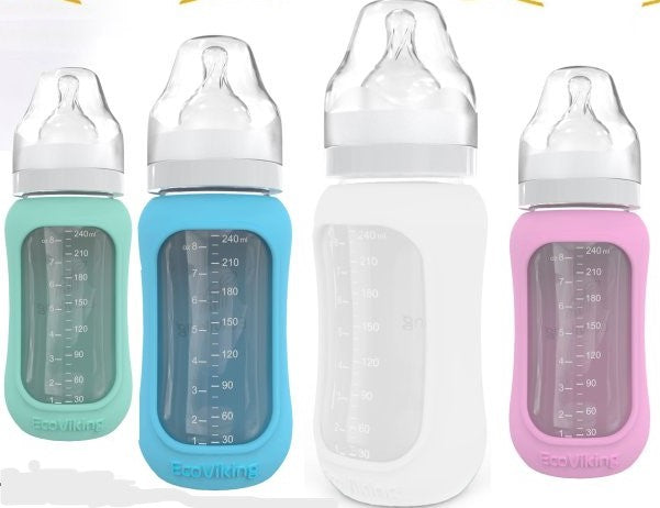 Mamadera Vidrio 240 ml boca ancha con funda de Silicona removible - Lina Sustentable, ropa Niño Chile, ropa de niño en oferta