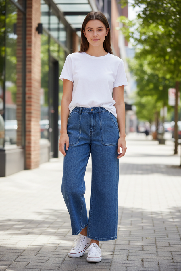 Jeans azul tiro alto bolsillos - Lina Sustentable, ropa Niño Chile, ropa de niño en oferta