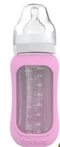 Mamadera Vidrio 240 ml boca ancha con funda de Silicona removible - Lina Sustentable, ropa Niño Chile, ropa de niño en oferta