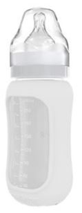 Mamadera Vidrio 240 ml boca ancha con funda de Silicona removible - Lina Sustentable, ropa Niño Chile, ropa de niño en oferta