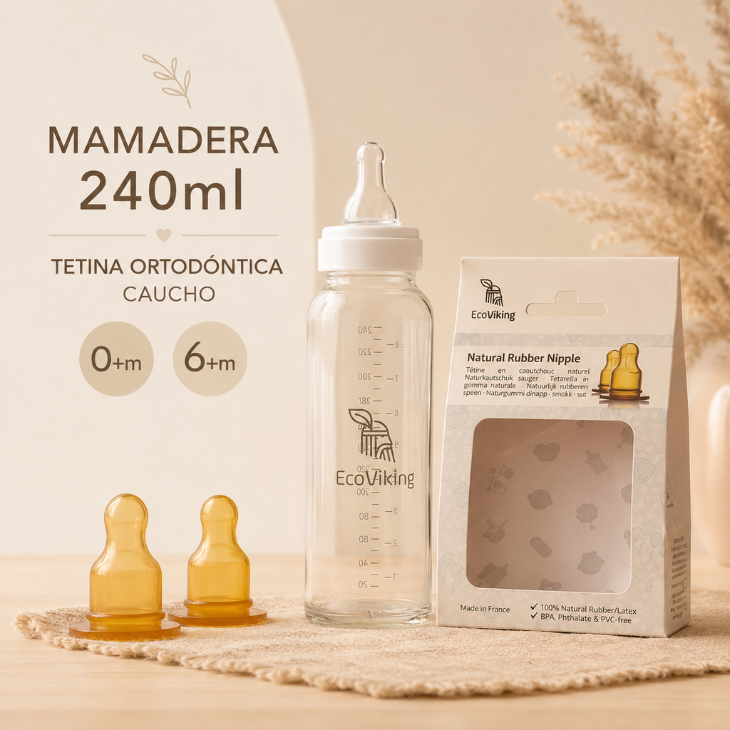 Pack Mamadera Vidrio 240 ml+ 2 tetinas ortodónticas caucho