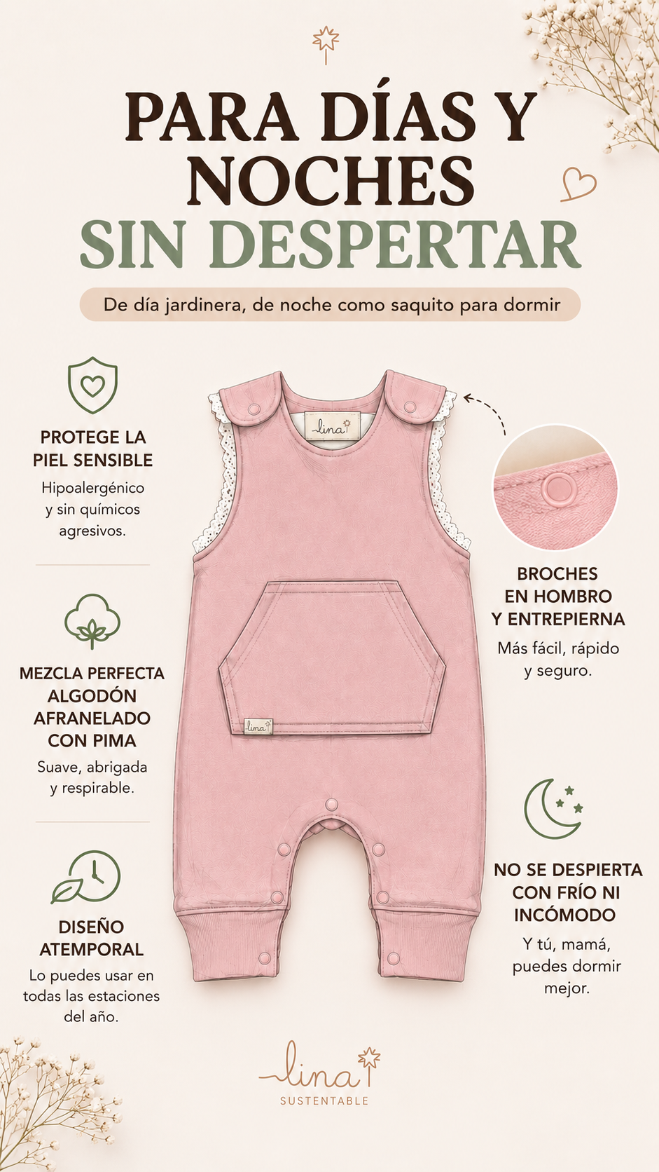 Jardinera bebé interior algodón 100% Pima 6 a 12 meses color rosa