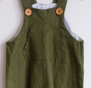 Jardinera Lino verde musgo - Lina Sustentable, ropa Niño Chile, ropa de niño en oferta