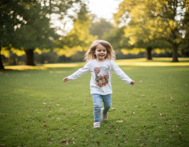 Polera blanca manga larga ilustrada estampada - Lina Sustentable, ropa Niño Chile, ropa de niño en oferta