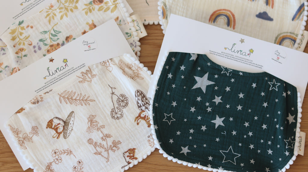 Babero algodón orgánico con bolilllo - Lina Sustentable, ropa Niño Chile, ropa de niño en oferta