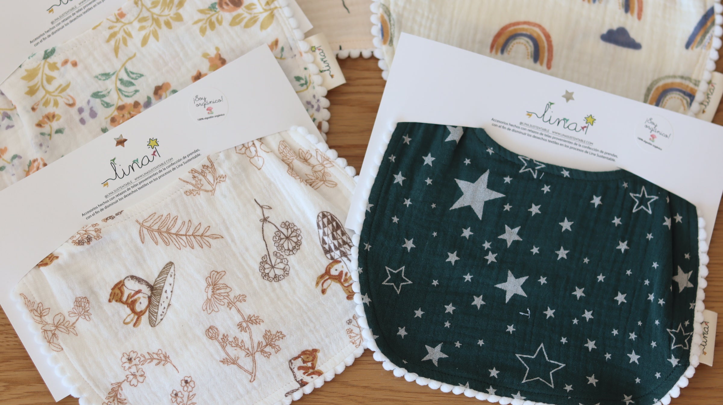 Babero algodón orgánico con bolilllo - Lina Sustentable, ropa Niño Chile, ropa de niño en oferta