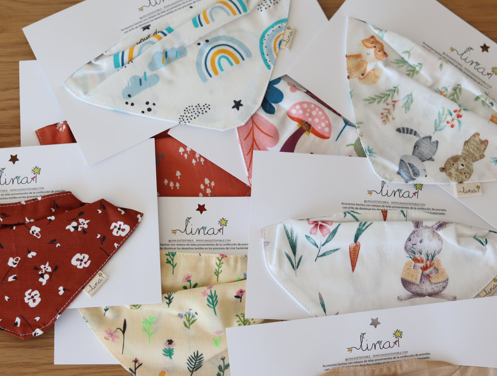 2 x Bandana algodón/ lino diseños - Lina Sustentable, ropa Niño Chile, ropa de niño en oferta