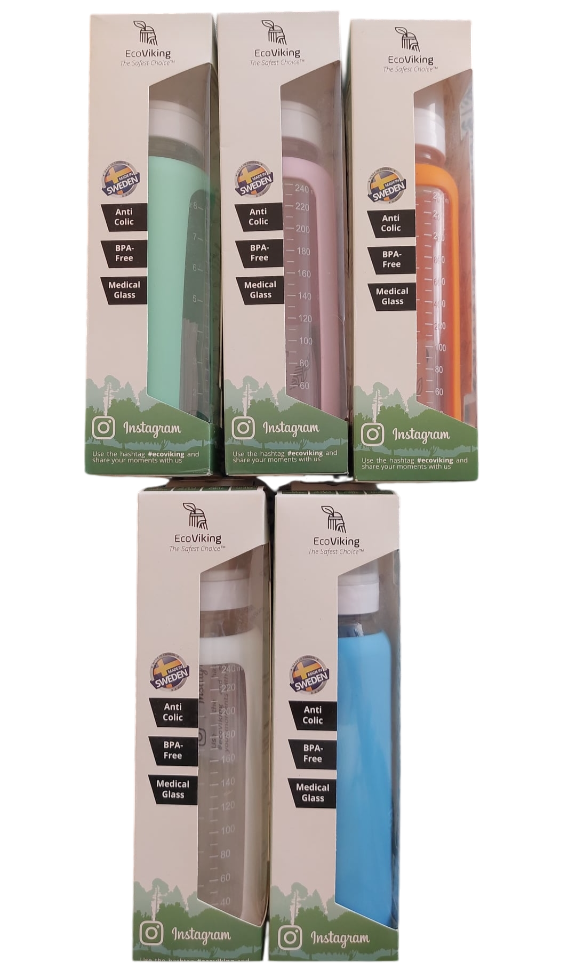Mamadera Vidrio 240 ml boca estándar con funda de Silicona removible - Lina Sustentable, ropa Niño Chile, ropa de niño en oferta