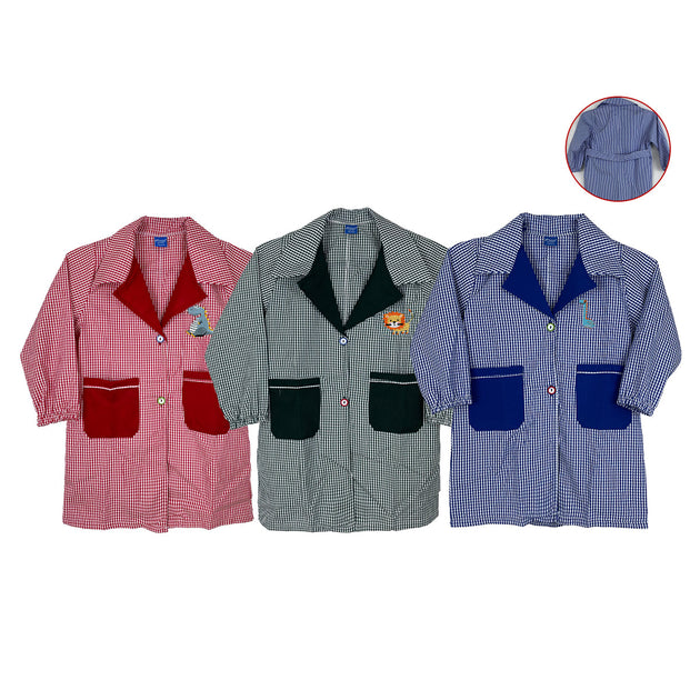 Delantal cuadrillé niño con bordado - Lina Sustentable, ropa Niño Chile, ropa de niño en oferta