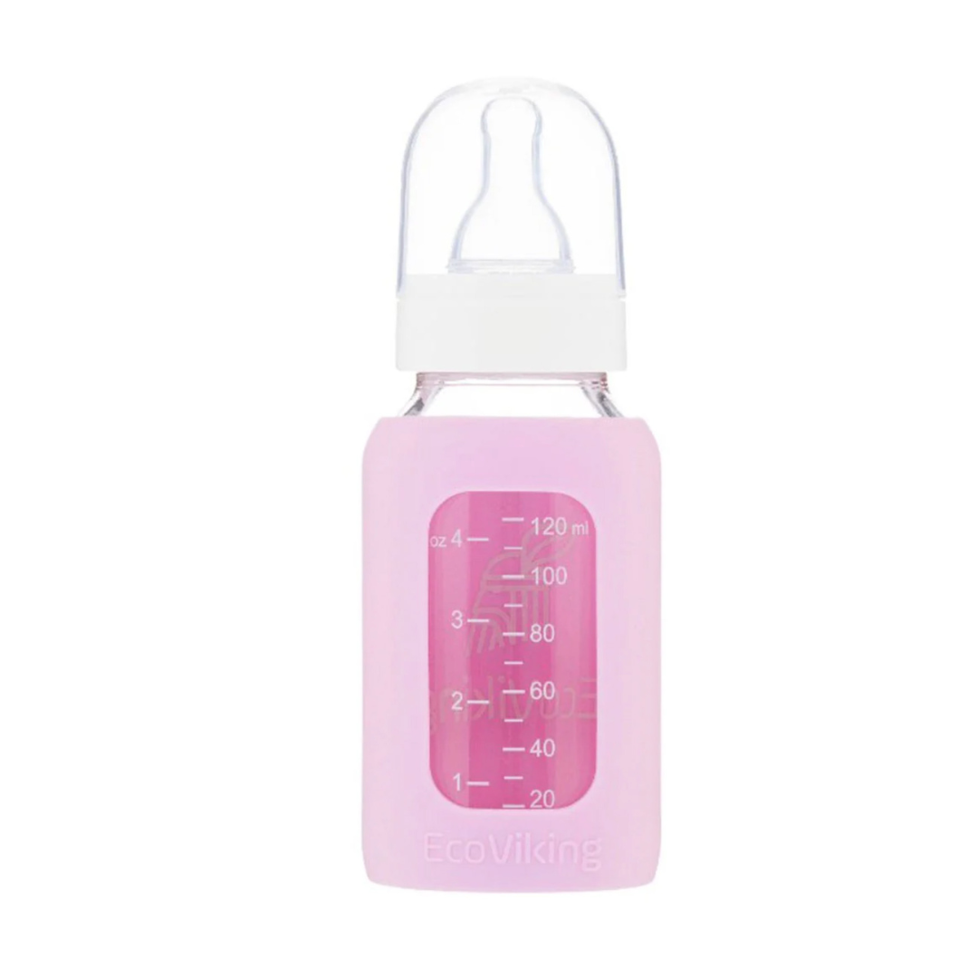 Mamadera Vidrio 120 ml boca estándar con funda de Silicona removible - Lina Sustentable, ropa Niño Chile, ropa de niño en oferta