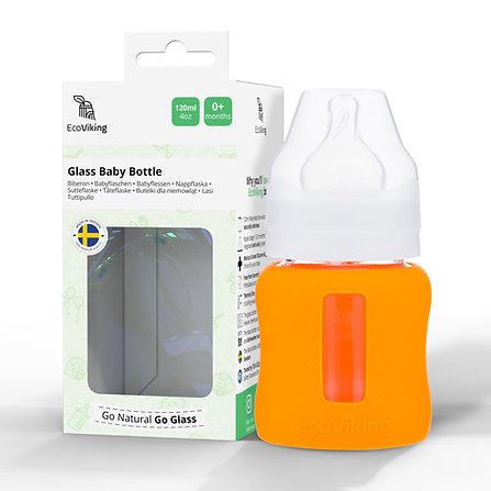 Mamadera Vidrio 120 ml boca ancha con funda de Silicona removible - Lina Sustentable, ropa Niño Chile, ropa de niño en oferta