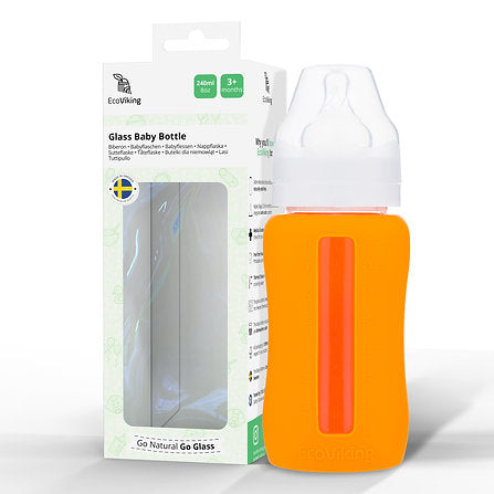 Mamadera Vidrio 240 ml boca ancha con funda de Silicona removible - Lina Sustentable, ropa Niño Chile, ropa de niño en oferta