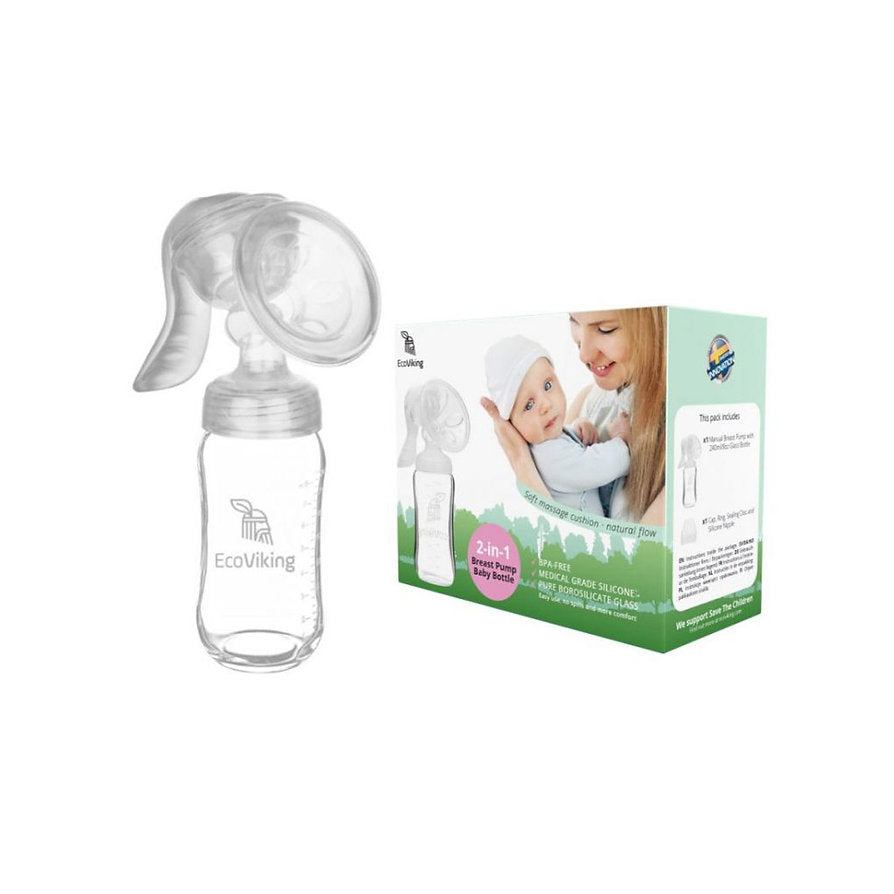 Extractor sacaleche manual con mamadera de vidrio 240ml - Lina Sustentable, ropa Niño Chile, ropa de niño en oferta