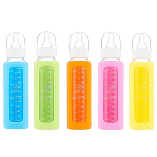 Mamadera Vidrio 240 ml boca estándar con funda de Silicona removible - Lina Sustentable, ropa Niño Chile, ropa de niño en oferta